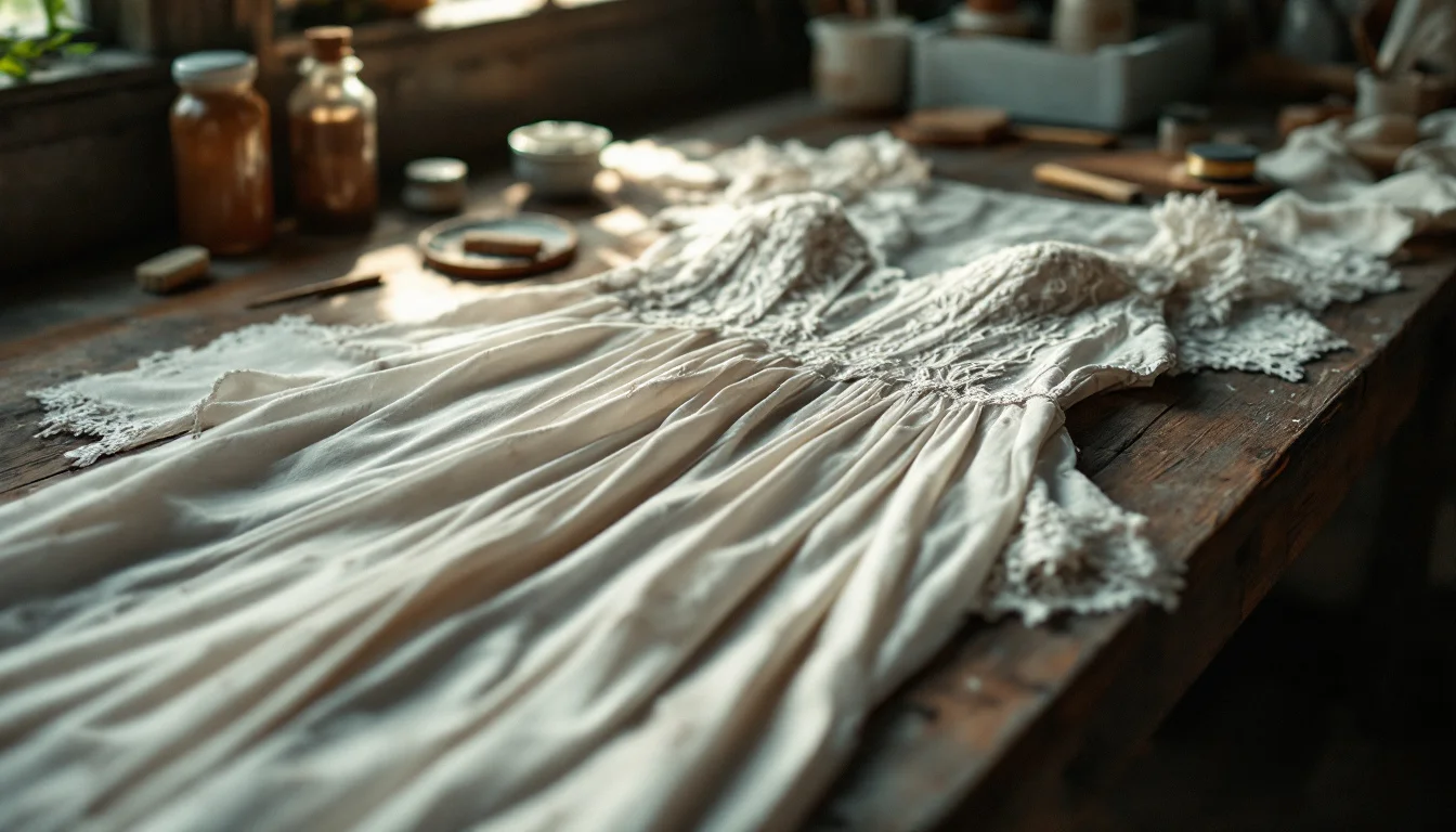 How To Clean Wedding Dress UK — A skilled specialist inspecting and gently spot-cleaning an ornate wedding dress How To Clean Wedding Dress UK — A skilled specialist inspecting and gently spot-cleaning an ornate wedding dress