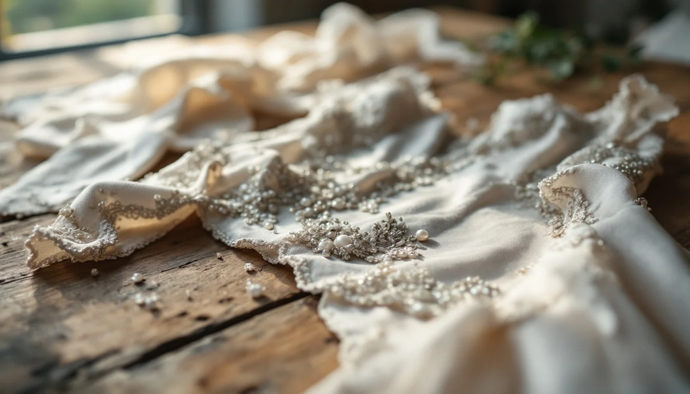 Compare Wedding Dress Cleaning Services — A skilled technician delicately examining a wedding dress for stains and beadwor Compare Wedding Dress Cleaning Services — A skilled technician delicately examining a wedding dress for stains and beadwor