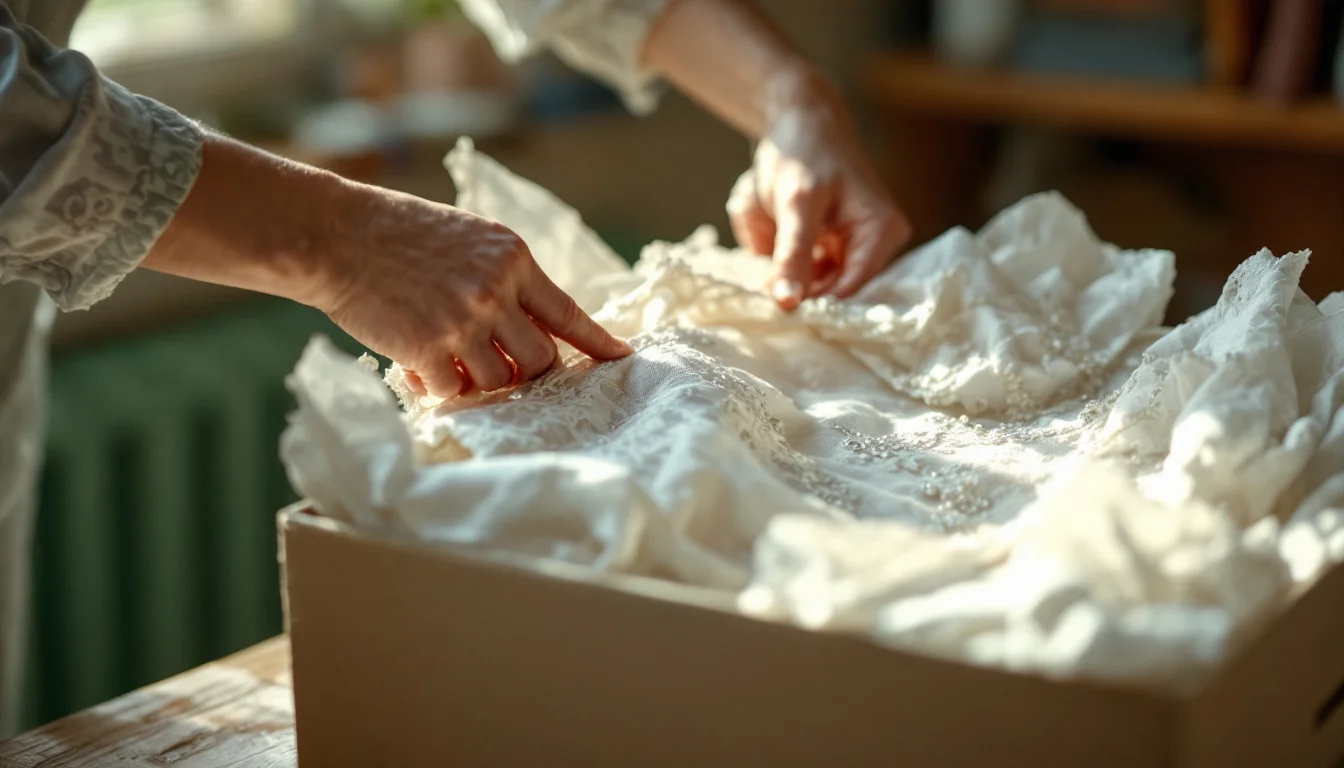 Wedding Dress Preservation Tips — A preservation expert folding a sparkling bridal gown into an archival box, surr Wedding Dress Preservation Tips — A preservation expert folding a sparkling bridal gown into an archival box, surr